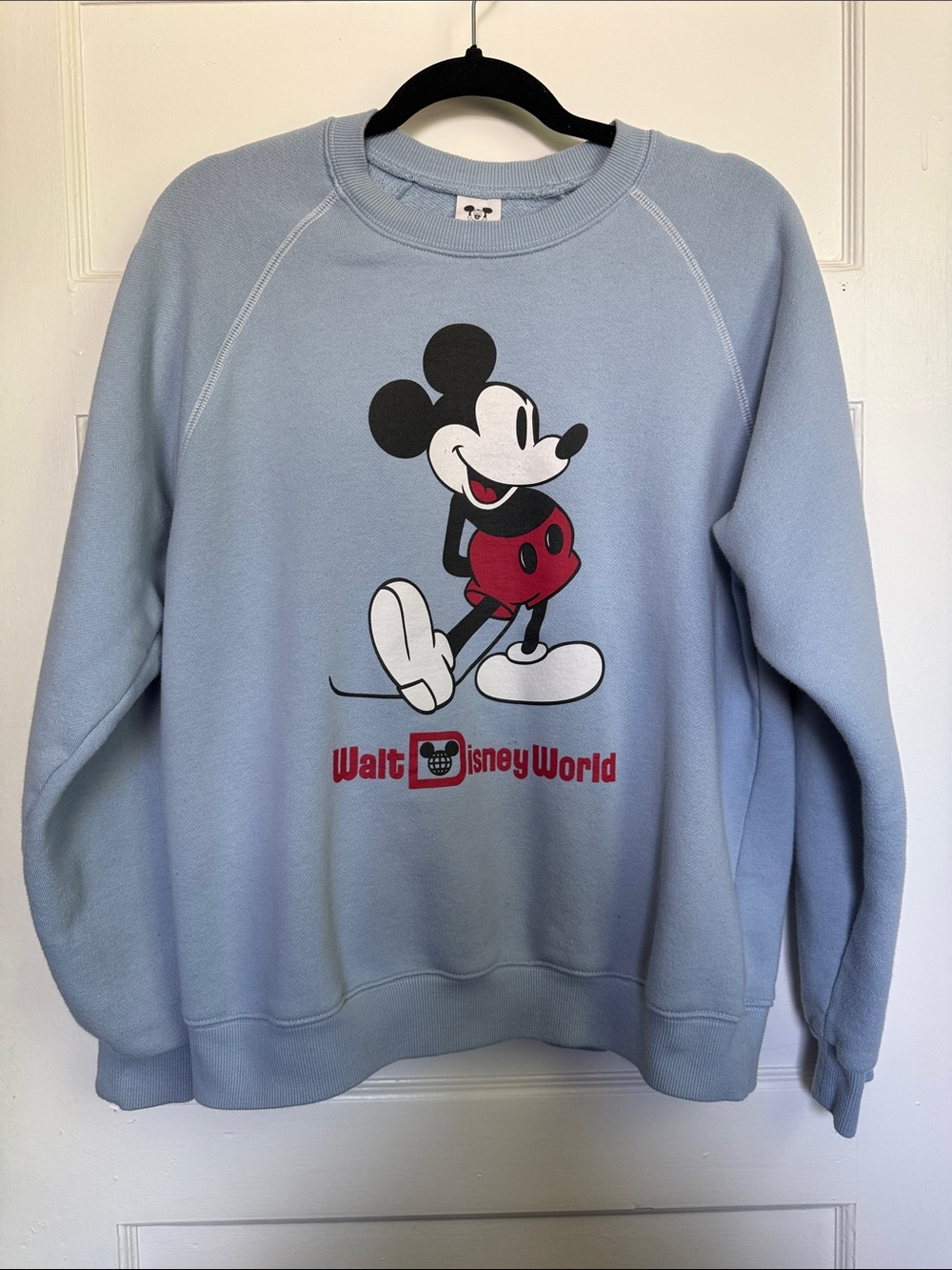 Disney Light Blue Mickey Mouse Crewneck Sweatshirt with Red Accents